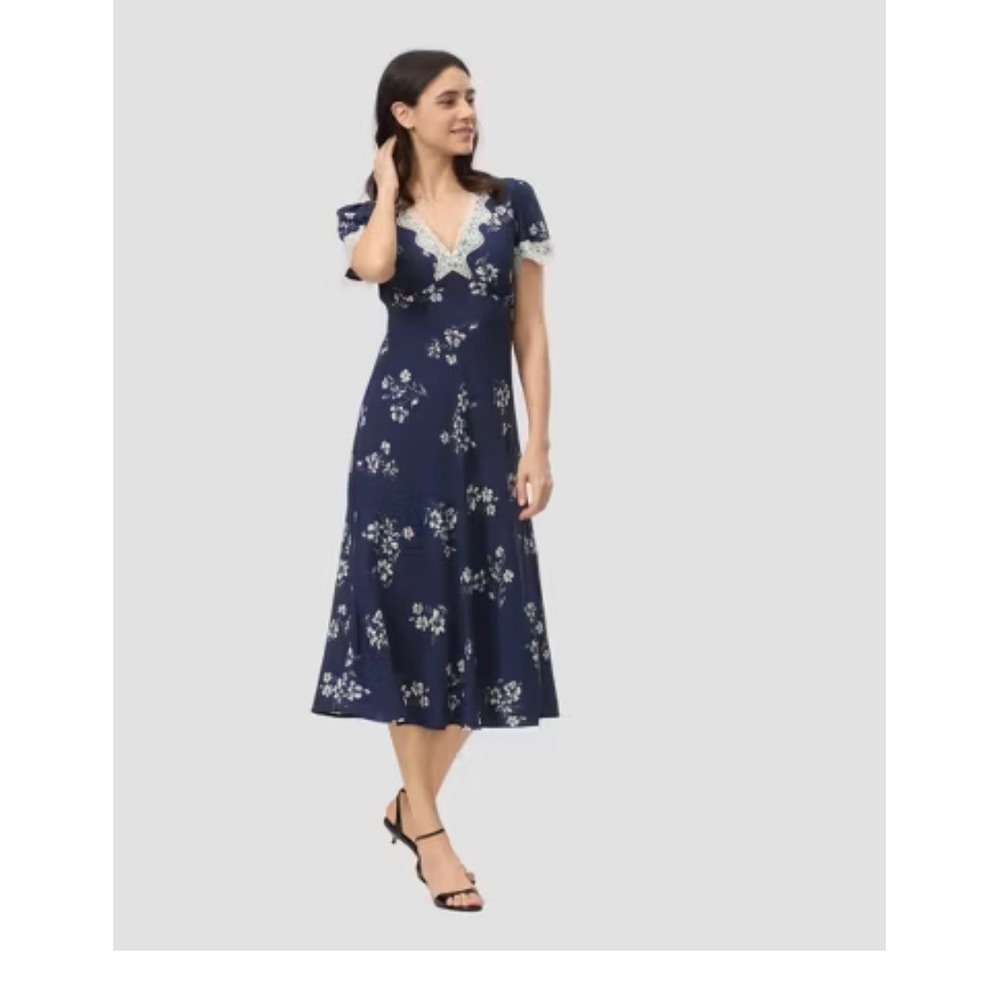 A New Day Navy Blue Floral Lace Trim Midi Dress Short Sleeve Large NWT